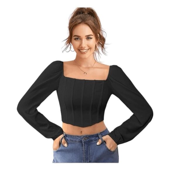 Bishop Sleeve Corset Top Black Knit Square Neck Front Cropped Long Sleeve S - Picture 1 of 7